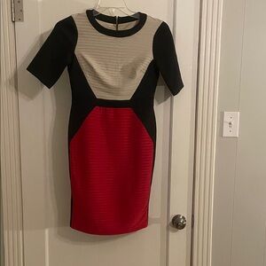London Times Black, Cream, and Red Colorblock Midi Dress